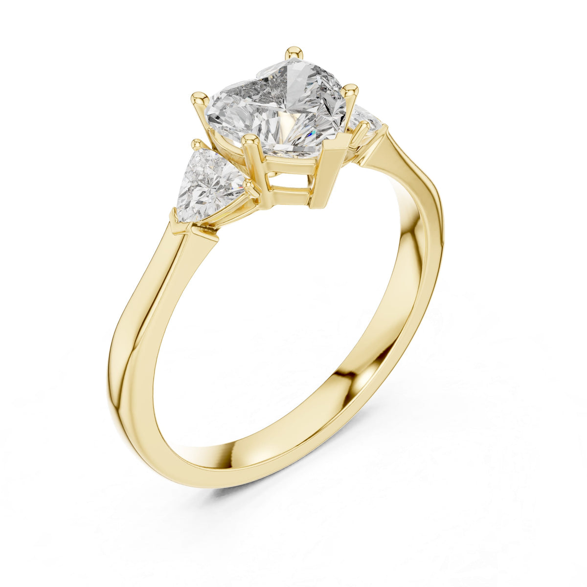 Angled view showcasing brilliant D Color VVS1 clarity in a heart shape moissanite center flanked by trillion side stones on a 925 sterling silver shank. Breathtaking fire for a custom engagement ring or romantic gift. Available in 10k/14k gold, 925 silver, platinum setting choices with 1ct to 2ct options in moissanite or lab grown diamond.