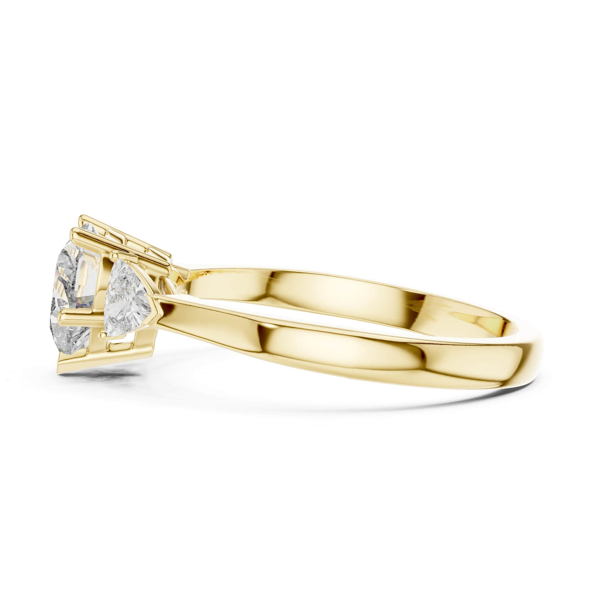 Top close up detail displaying immaculate D Color VVS1 clarity facets and heart symmetry in a three stone setting with V-prong tip in platinum. A timeless personalized wedding band statement piece. Custom made in 10k/14k gold, 925 silver, platinum metal finishes with 1ct to 2ct stone sizes choosing moissanite or lab grown diamond centers.