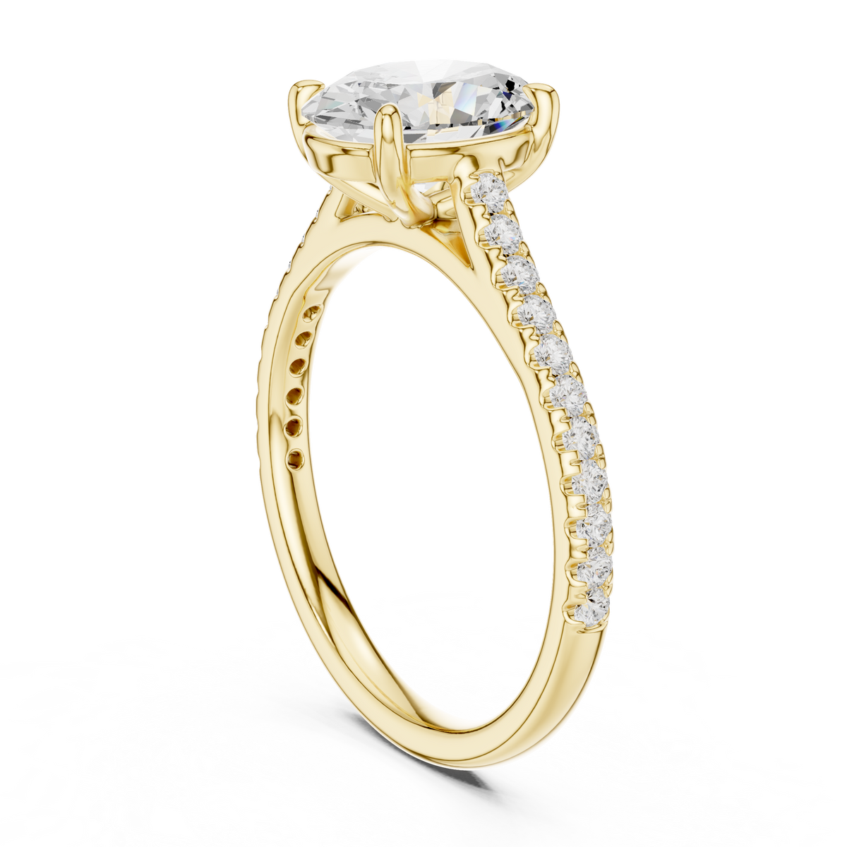 Angled view revealing D color VVS1 clarity sparkle from an oval moissanite mounted on a 925 sterling silver shank with pave accents. Designed for bridal jewelry, customized in 10k/14k gold, 925 silver, platinum, with 1ct to 2ct lab grown diamond or moissanite sizes.