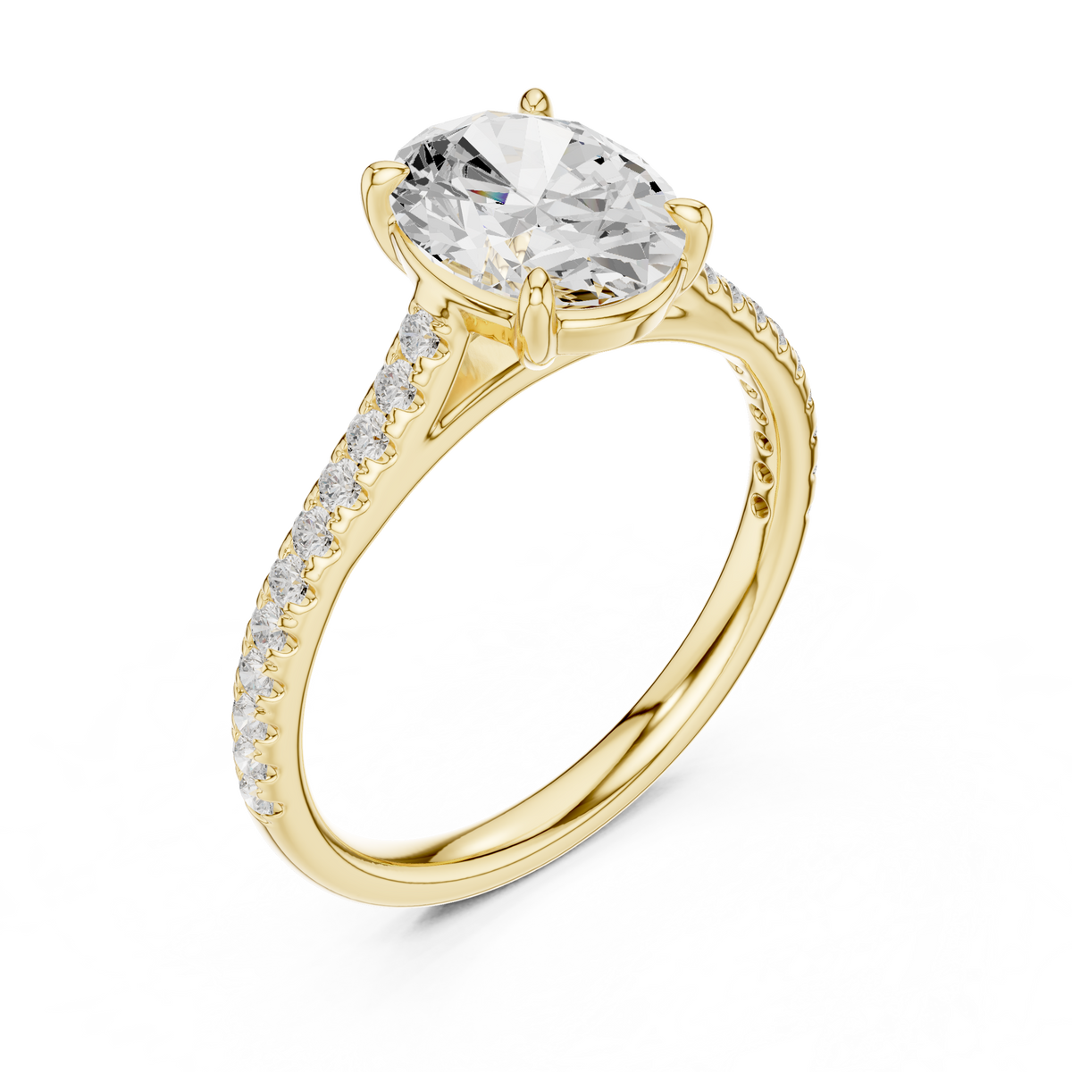 Side profile showcasing hidden halo setting height, a 1.8mm pave band, cathedral bridge, and solid 10k gold construction. Perfect for a wedding band setup or promise ring, available in 10k/14k gold, 925 silver, platinum with 1ct to 2ct moissanite or lab grown diamond choices.