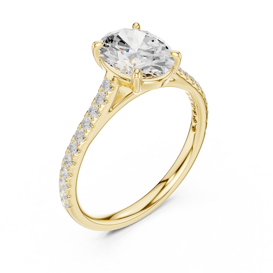 Side profile showcasing hidden halo setting height, a 1.8mm pave band, cathedral bridge, and solid 10k gold construction. Perfect for a wedding band setup or promise ring, available in 10k/14k gold, 925 silver, platinum with 1ct to 2ct moissanite or lab grown diamond choices.