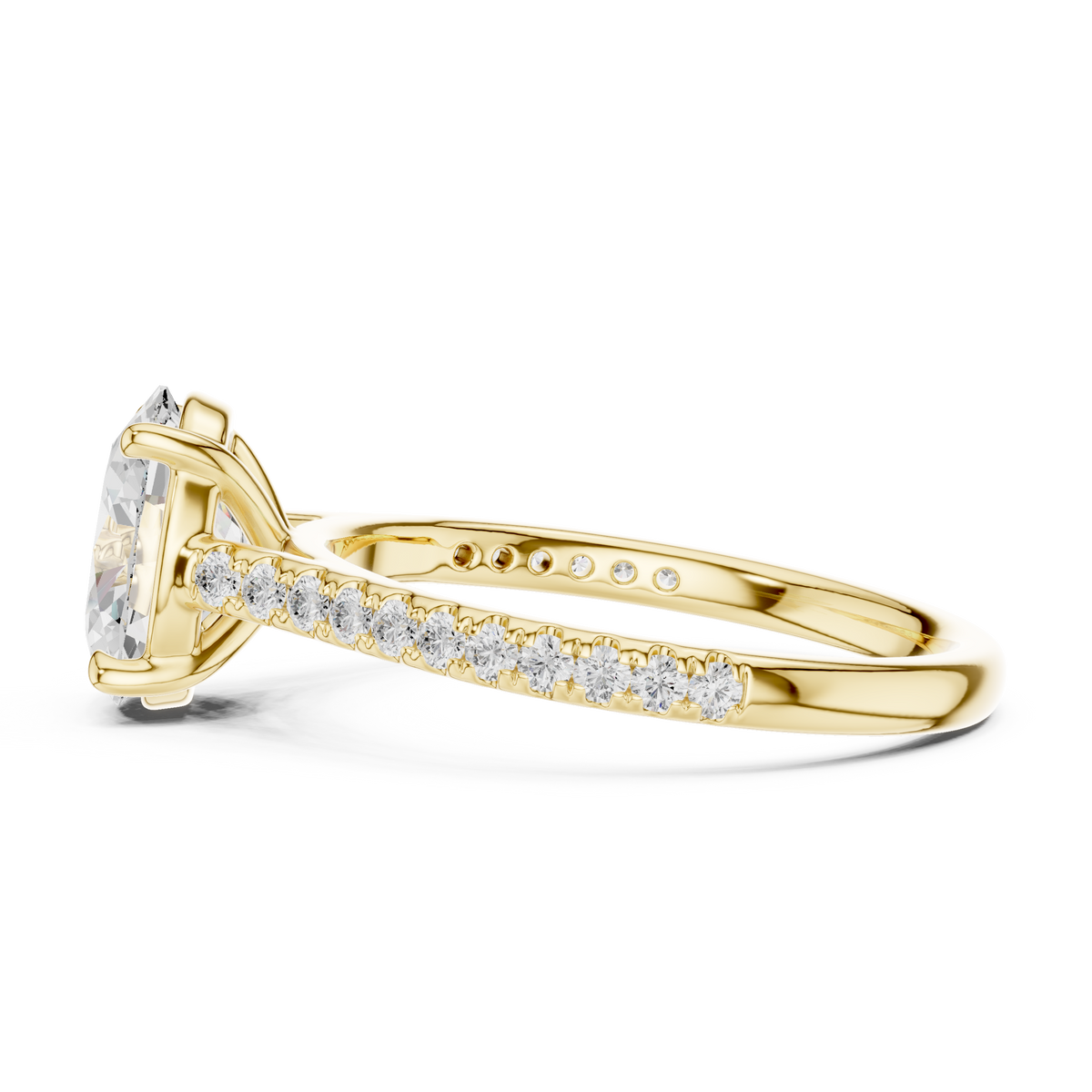 Close-up top view displaying stone symmetry, oval facets, and delicate claw prongs set in platinum tone detail. An ideal high-end engagement ring, personalized in 10k/14k gold, 925 silver, or platinum featuring 1ct to 2ct moissanite or lab grown diamond customized stones.