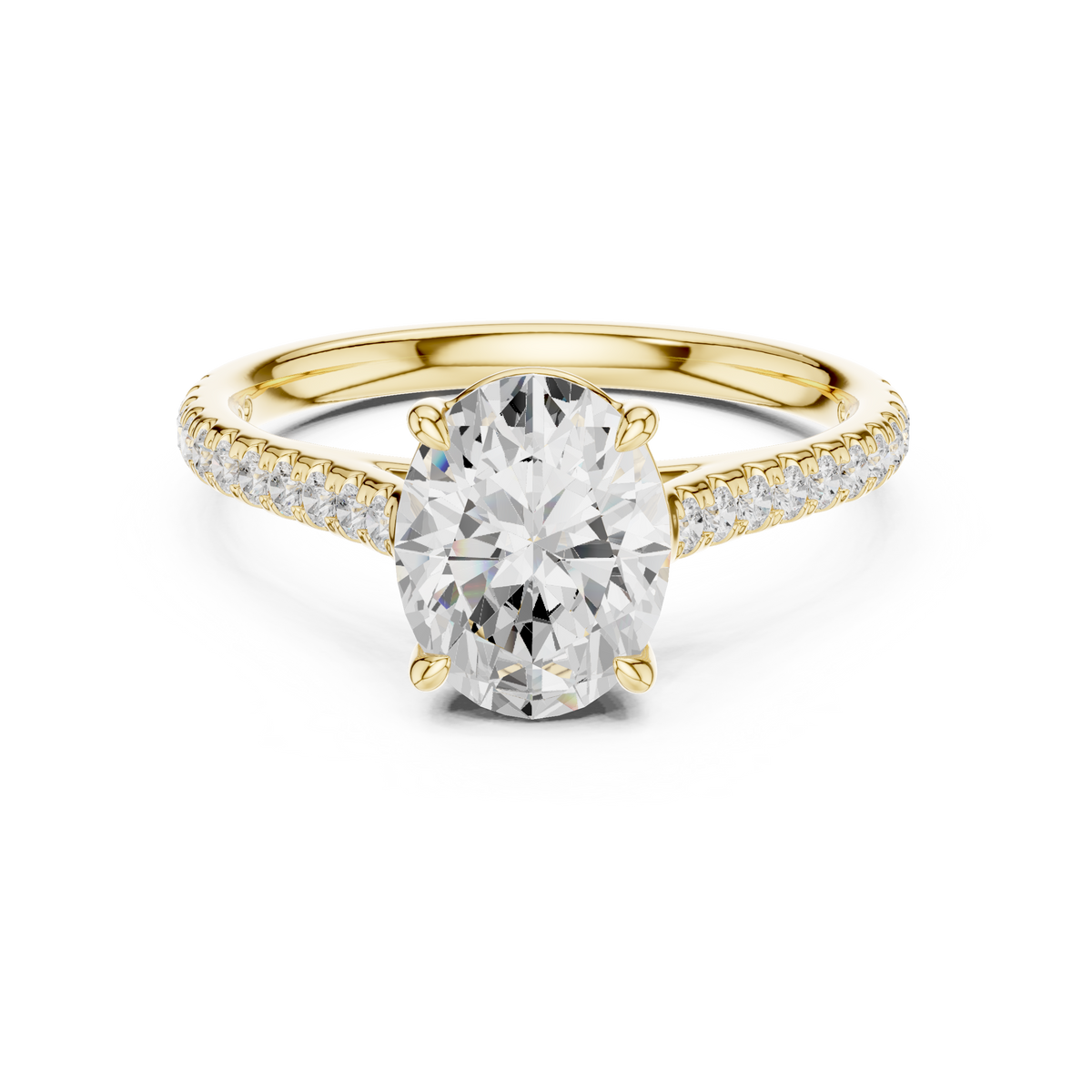 Front angle of an elongated oval cut main stone set in 14k gold with a micro pave band and claw prongs. Ideal as an engagement ring or anniversary gift, fully customizable in 10k/14k gold, 925 silver, or platinum with stone options from 1ct to 2ct in moissanite or lab grown diamond.