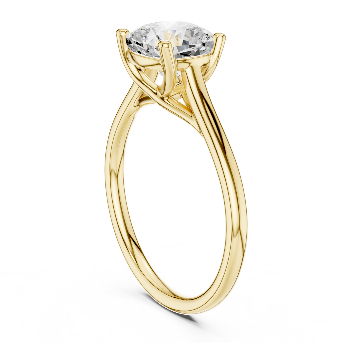 Side profile view displaying the sweeping crossover cathedral shoulders and smooth 1.78mm band width. Available in personalized 10k solid gold, 14k gold, 925 silver, and platinum. Elegant wedding band pairing set with customizable 1ct to 2ct moissanite or lab diamond options.