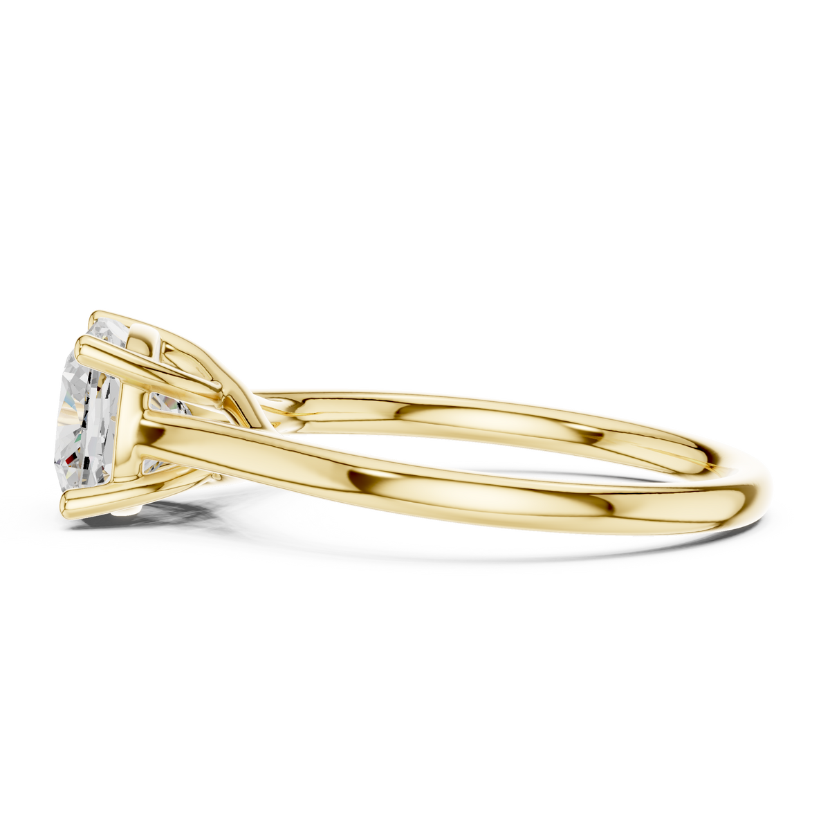 Close up top view showing precise 4-claw corner prong security and F color VS clarity square cushion symmetry. Customized in fine platinum, 14k gold, or silver. Unique statement ring suitable for custom orders with 1.00ct to 2.00ct lab grown diamond or moissanite center stones.