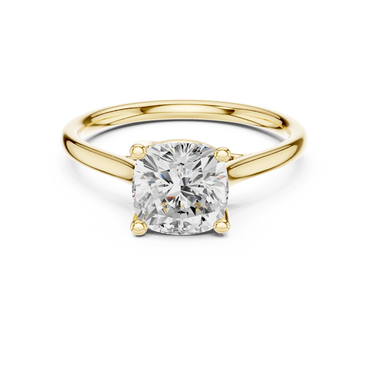 Front view showcasing a square cushion cut solitaire set on a 14k gold crossover band. Custom made in 925 silver, 10k gold, or platinum options. Timeless engagement ring or anniversary gift featuring customizable 1ct to 2ct moissanite or lab grown diamond centers.
