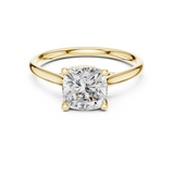 Front view showcasing a square cushion cut solitaire set on a 14k gold crossover band. Custom made in 925 silver, 10k gold, or platinum options. Timeless engagement ring or anniversary gift featuring customizable 1ct to 2ct moissanite or lab grown diamond centers.