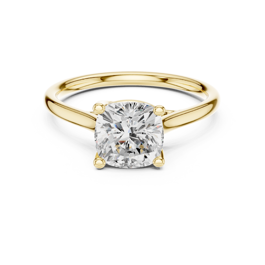 Front view showcasing a square cushion cut solitaire set on a 14k gold crossover band. Custom made in 925 silver, 10k gold, or platinum options. Timeless engagement ring or anniversary gift featuring customizable 1ct to 2ct moissanite or lab grown diamond centers.