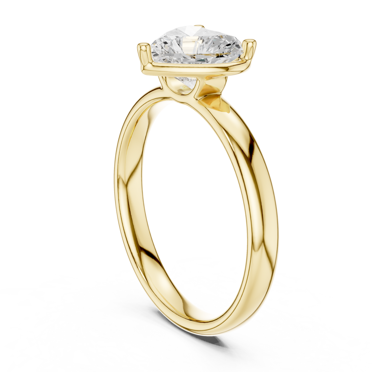 Three-quarter angle highlighting the crisp lobes and brilliant facet fire of a 1.50Ct heart cut lab diamond or moissanite (Colorless D-E, VVS). Displays an open wire gallery basket with dedicated V-prongs and round claw prongs on a substantial 2.71mm wide by 1.58mm thick shank. Modern romantic aesthetic engineered for daily durability in 10k/14k gold, silver, or platinum.