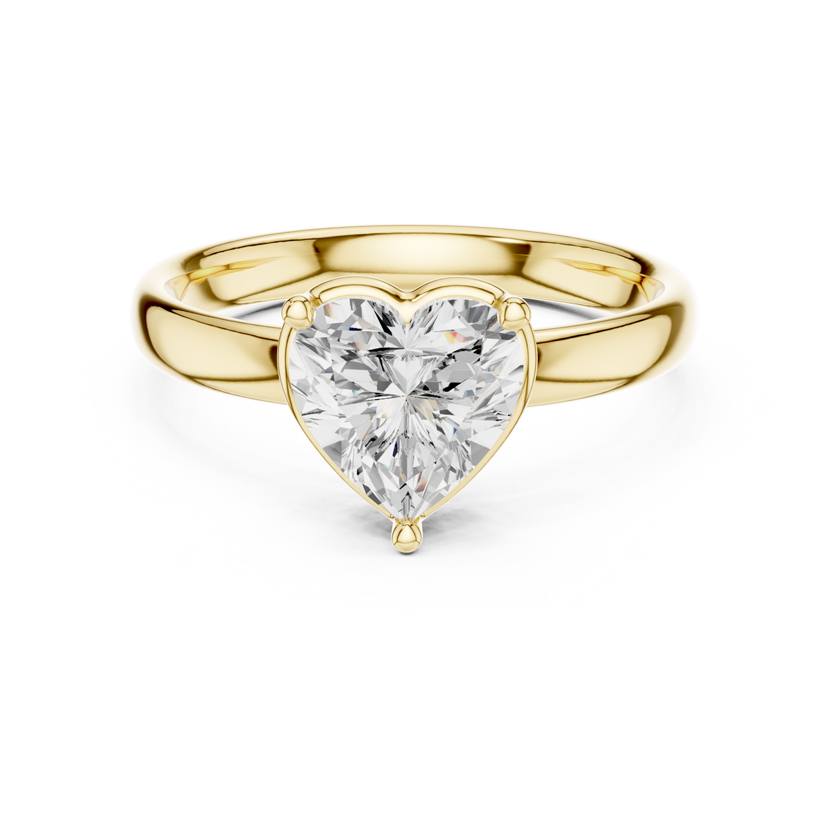 Direct top view showcasing a 1.50Ct (7.50x7.50mm) heart brilliant cut lab grown diamond or moissanite (Colorless D-E, VVS clarity) securely held in a 3-prong solitaire wire basket with a protective V-tip. Set on a solid 2.71mm wide comfort-fit shank in polished gold. Minimalist, romantic design customizable from 1.00Ct to 2.00Ct in solid gold, silver, or platinum.