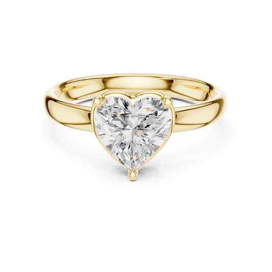 Direct top view showcasing a 1.50Ct (7.50x7.50mm) heart brilliant cut lab grown diamond or moissanite (Colorless D-E, VVS clarity) securely held in a 3-prong solitaire wire basket with a protective V-tip. Set on a solid 2.71mm wide comfort-fit shank in polished gold. Minimalist, romantic design customizable from 1.00Ct to 2.00Ct in solid gold, silver, or platinum.