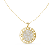 Front CAD schematic view of an intricate circular medallion pendant featuring a dense pave center of 142 round 1.20mm and 4 accent stones in prong settings within an openwork geometric filigree border, available in 925 sterling silver, 10k/14k solid gold, or platinum.