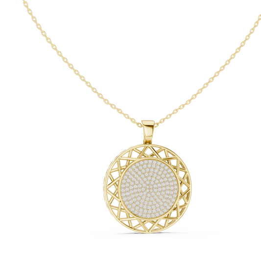 Front CAD schematic view of an intricate circular medallion pendant featuring a dense pave center of 142 round 1.20mm and 4 accent stones in prong settings within an openwork geometric filigree border, available in 925 sterling silver, 10k/14k solid gold, or platinum.