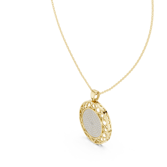 Side profile CAD view showing the precise 4.40mm profile height and secure prong setting depth for a custom pave medallion pendant, available in 10k solid gold, 14k gold, 925 sterling silver, or platinum.