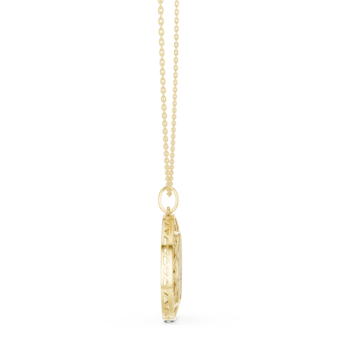 Angled CAD view of the pave medallion pendant highlighting exceptional D color, VVS1 clarity, brilliant sparkle, moissanite or lab grown diamond options, and 925 sterling silver or solid gold metal variations.