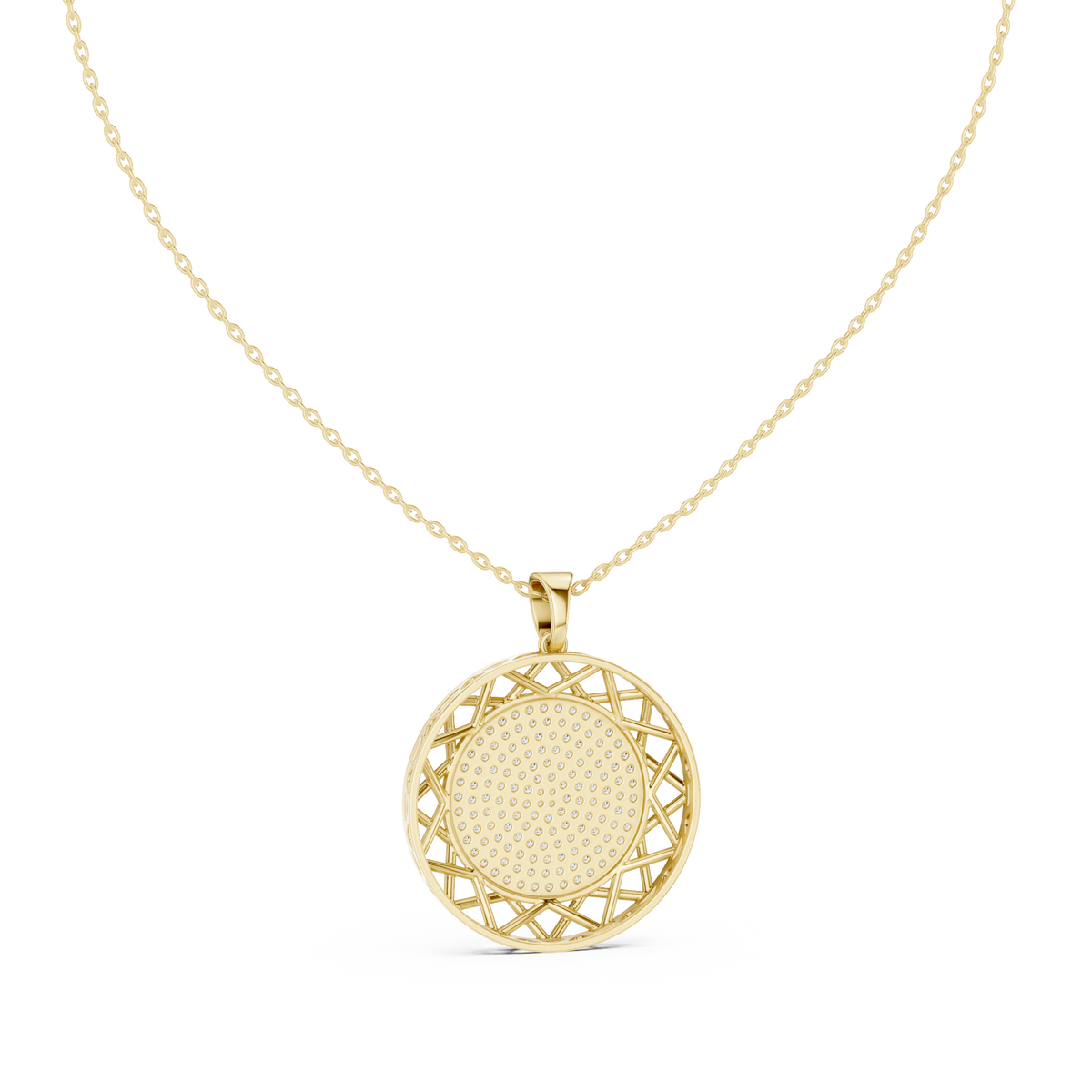 Top close-up CAD view displaying D color, VS clarity, stone symmetry, precision facets, and pave prong setting details for a custom medallion pendant available in platinum, 14k gold, 10k gold, or 925 silver.