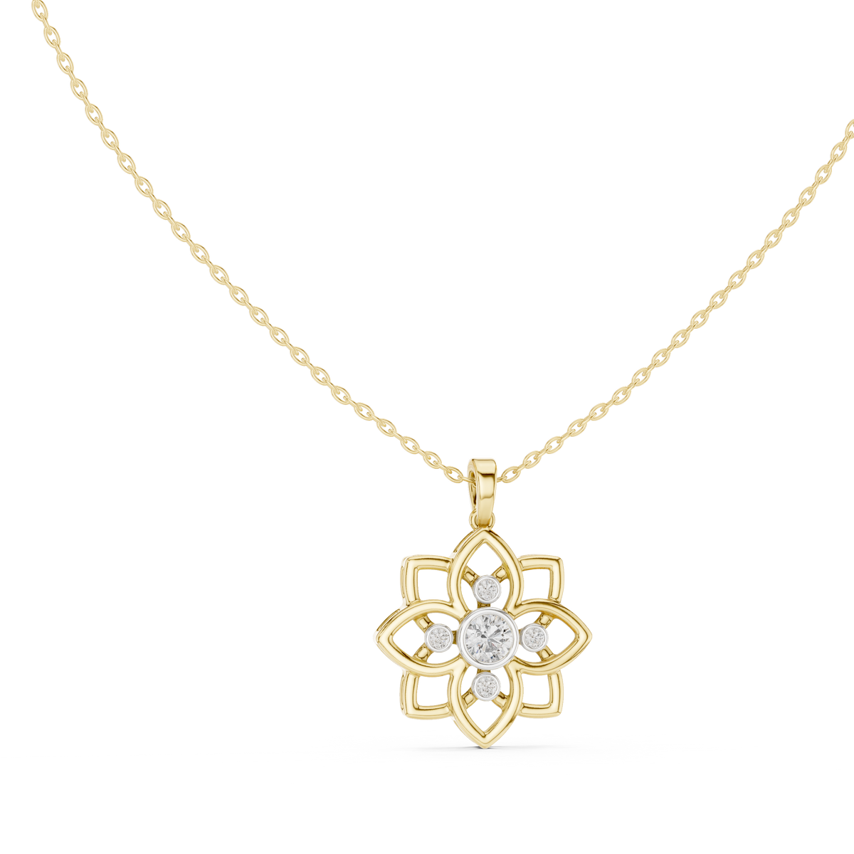 Front view of a floral cluster lab grown diamond pendant set in 14k gold, showcasing a 4.40mm center stone and four side stones in a secure bezel setting. Fully customizable in 10k/14k gold, 925 silver, or platinum with moissanite or lab grown diamond variations.