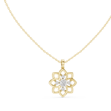Front view of a floral cluster lab grown diamond pendant set in 14k gold, showcasing a 4.40mm center stone and four side stones in a secure bezel setting. Fully customizable in 10k/14k gold, 925 silver, or platinum with moissanite or lab grown diamond variations.
