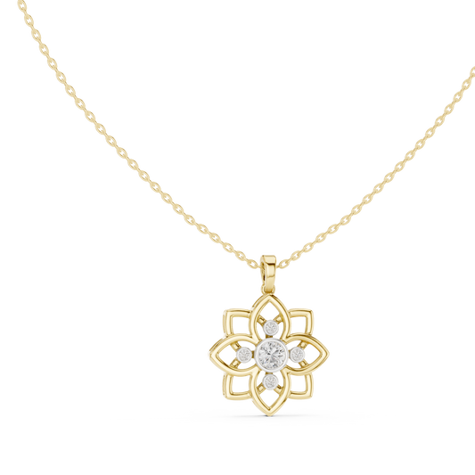 Front view of a floral cluster lab grown diamond pendant set in 14k gold, showcasing a 4.40mm center stone and four side stones in a secure bezel setting. Fully customizable in 10k/14k gold, 925 silver, or platinum with moissanite or lab grown diamond variations.