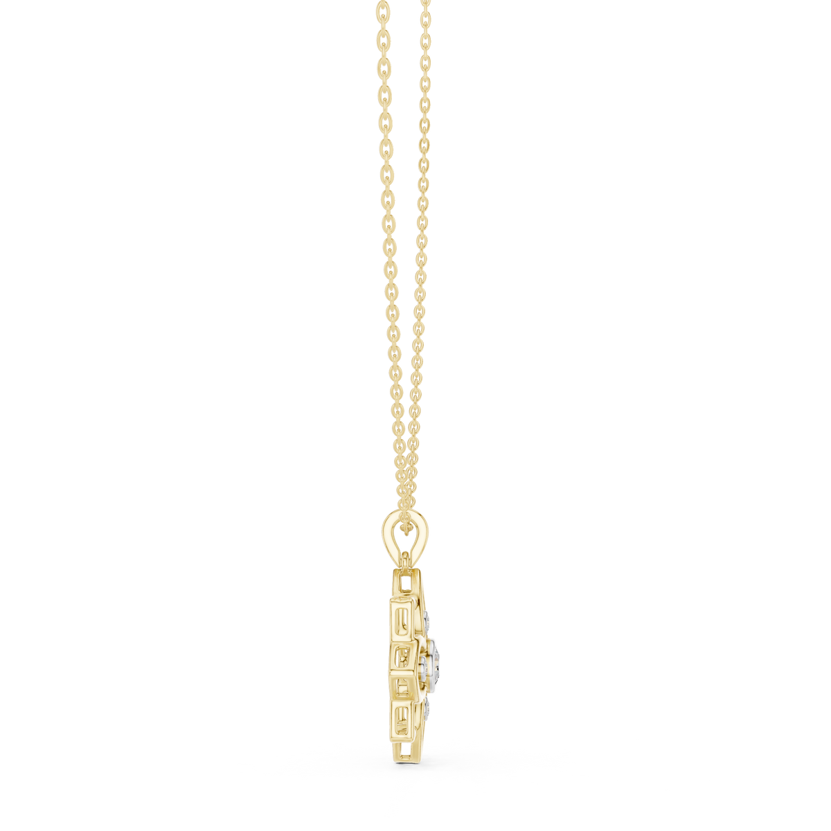 Angled shot displaying exceptional D color and VVS clarity sparkle with brilliant moissanite stones set in 925 sterling silver. Fully customizable in 10k/14k gold, 925 silver, or platinum with lab grown diamond or moissanite center options.