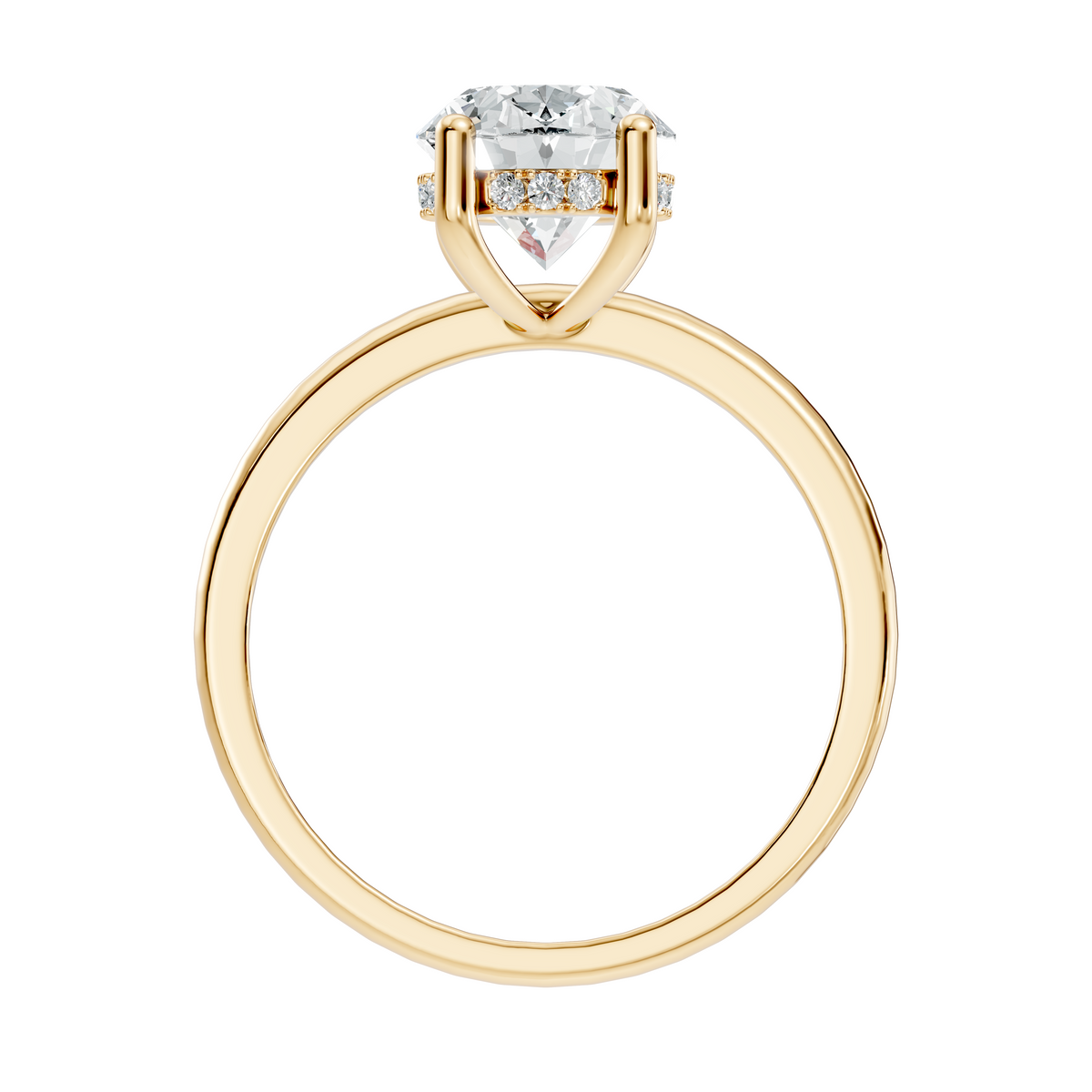 Side profile view displaying the hidden halo collar basket, cathedral prongs, and thin 1.49mm band width. Available in personalized 10k solid gold, 14k gold, 925 silver, and platinum. Elegant solitaire ring set with customizable 1ct to 2ct moissanite or lab diamond options.