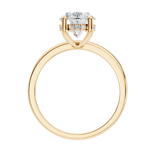 Side profile view displaying the hidden halo collar basket, cathedral prongs, and thin 1.49mm band width. Available in personalized 10k solid gold, 14k gold, 925 silver, and platinum. Elegant solitaire ring set with customizable 1ct to 2ct moissanite or lab diamond options.