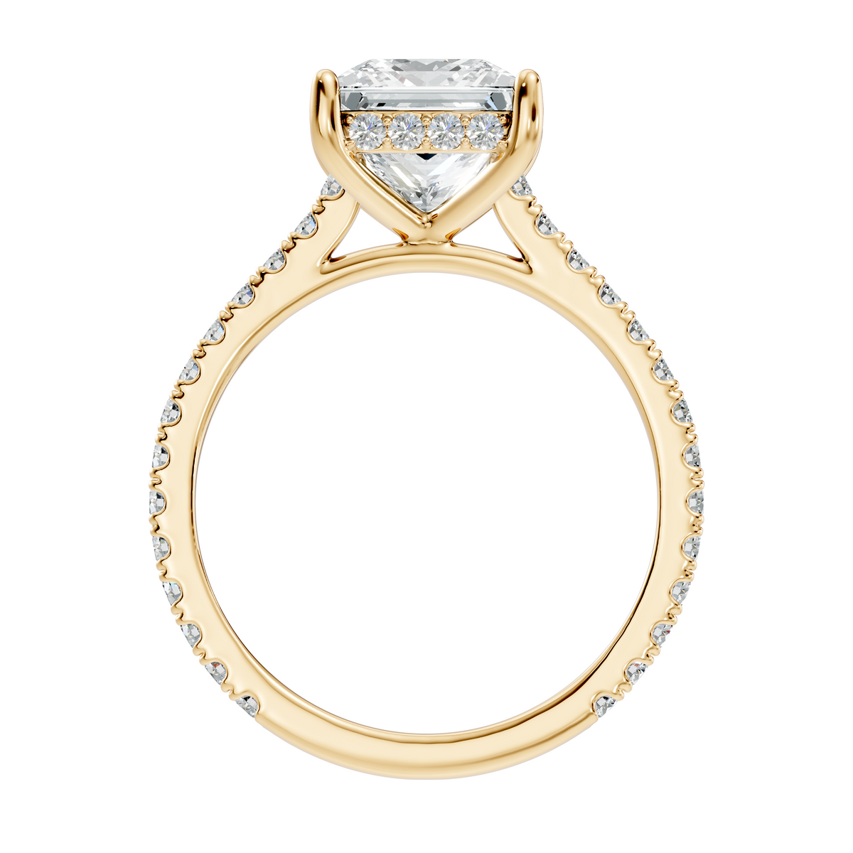 Side profile view highlighting the cathedral setting arches, hidden halo collar, and smooth 1.85mm pave band width. Available in personalized 10k solid gold, 14k gold, 925 silver, and platinum. Elegant wedding band pairing set with customizable 1ct to 2ct moissanite or lab diamond options.