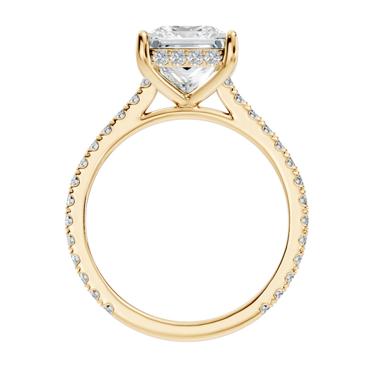 Side profile view highlighting the cathedral setting arches, hidden halo collar, and smooth 1.85mm pave band width. Available in personalized 10k solid gold, 14k gold, 925 silver, and platinum. Elegant wedding band pairing set with customizable 1ct to 2ct moissanite or lab diamond options.