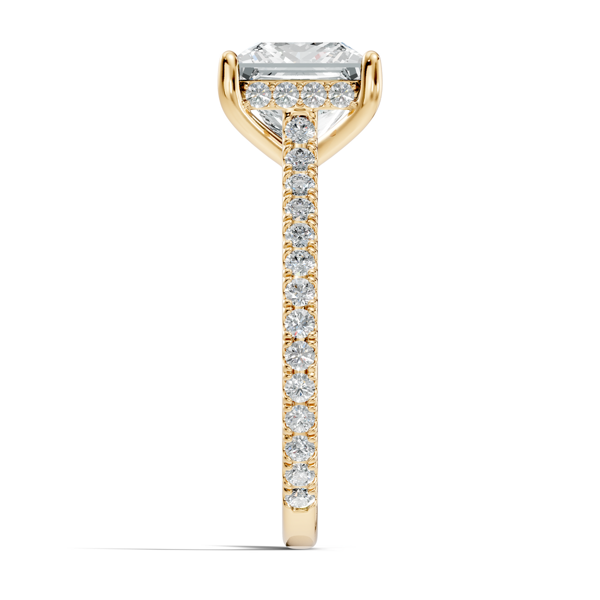 Perspective angled shot displaying D color VVS1 clarity light reflection across the princess cut facets and pave hidden halo. Premium handcrafted jewelry in 925 sterling silver, solid gold, or platinum. Perfect custom promise ring or bridal gift with 1ct, 1.5ct, or 2ct moissanite and lab diamond selections.