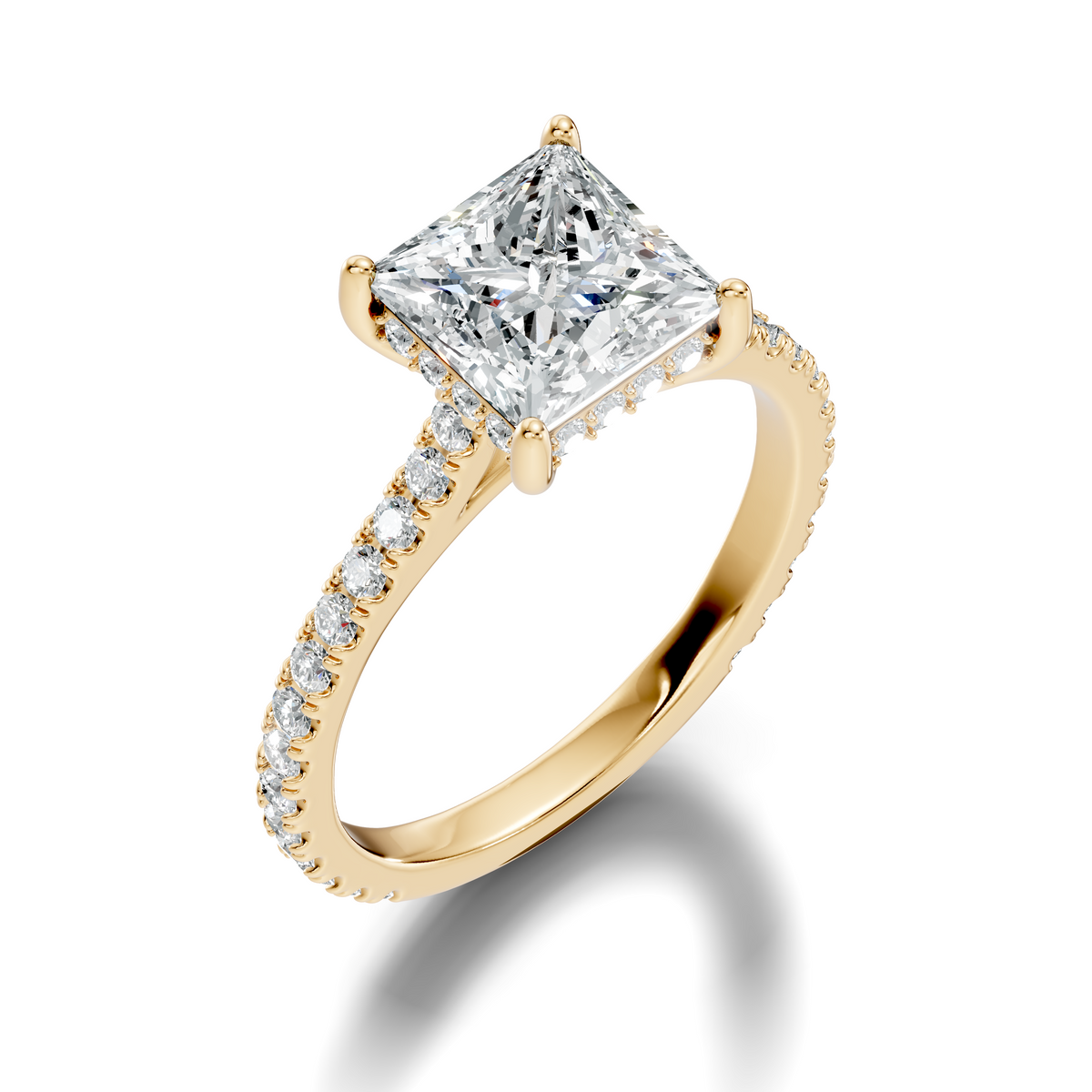 Close up top view showing precise 4-claw corner prong security and F color VS clarity square geometry symmetry. Customized in fine platinum, 14k gold, or silver. Unique statement ring suitable for custom orders with 1.00ct to 2.00ct lab grown diamond or moissanite center stones.