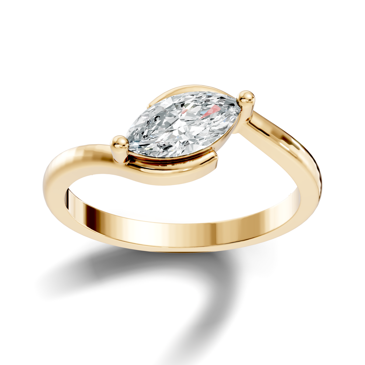Perspective three-quarter view showing D color VVS1 clarity diagonal marquise moissanite with fluid swirl shoulders in 925 sterling silver. Timeless modern bypass engagement band and statement jewelry. Offered in 1.0ct-2.0ct moissanite or lab diamond settings across solid 10k/14k gold and platinum.
