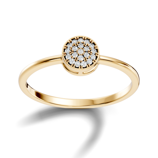 Side profile view showing a 1.55mm wide band and low 3.21mm cluster setting height in 10k solid yellow gold. Designed as a comfortable wedding band or promise ring, this custom design is available in 10k/14k gold, 925 sterling silver, or platinum with 1ct, 1.5ct, or 2ct moissanite or lab diamond options.
