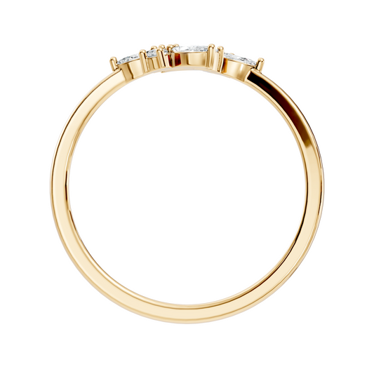 Side profile view displaying the smooth 1.50mm bypass band width, low profile depth, and secure cluster prongs. Available in personalized 10k solid gold, 14k gold, 925 silver, and platinum finishes. Unique wedding band option featuring custom moissanite or lab grown diamond sets.