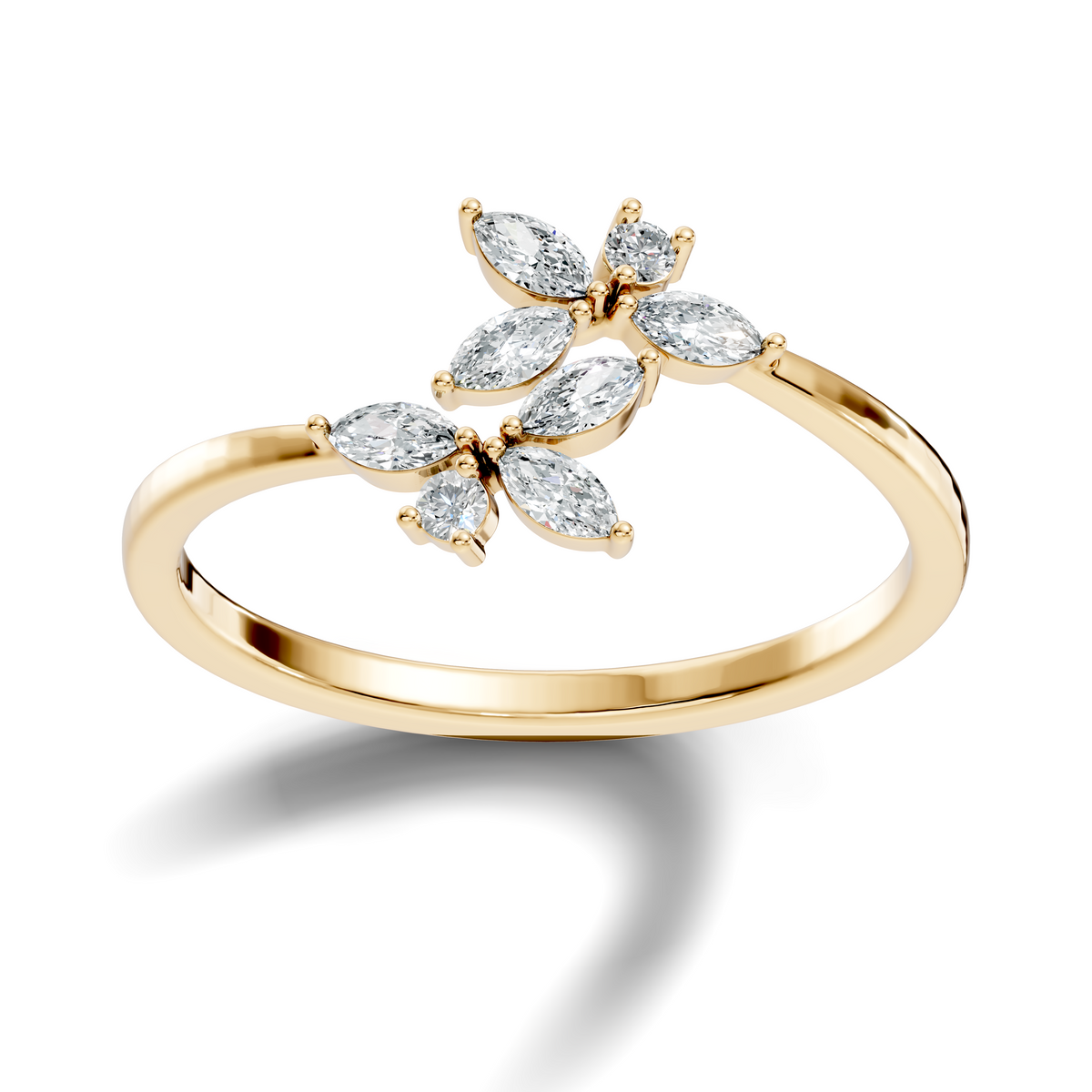Angled perspective view capturing D color VVS1 clarity light reflection across the marquise leaf facets and round accents. Premium handcrafted jewelry in 925 sterling silver, solid gold, or platinum. Perfect custom promise ring or bridal band with choice of moissanite and lab grown diamond.