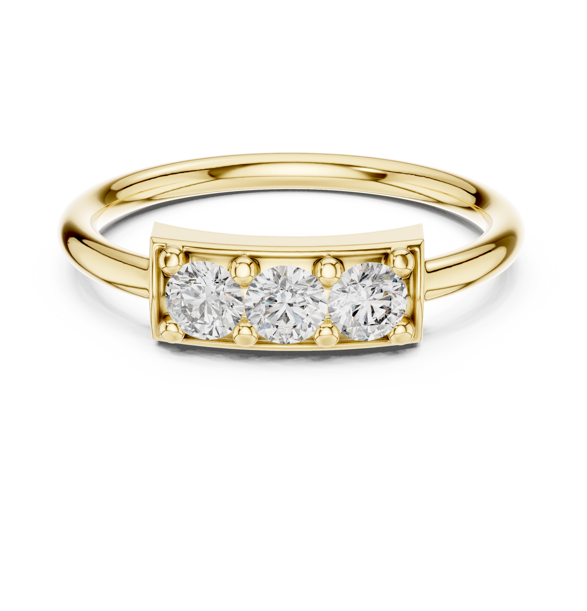 Front view of a 1.00Ct round moissanite engagement ring featuring a three-stone pave setting layout. D color, VVS1 clarity. Crafted in 14k gold with custom personalized options available in 10k/14k gold, 925 silver, platinum, and lab grown diamond variations.