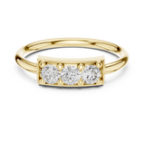 Front view of a 1.00Ct round moissanite engagement ring featuring a three-stone pave setting layout. D color, VVS1 clarity. Crafted in 14k gold with custom personalized options available in 10k/14k gold, 925 silver, platinum, and lab grown diamond variations.