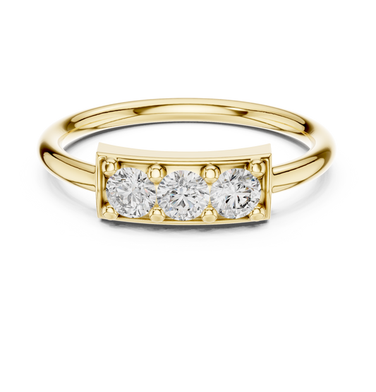 Front view of a 1.00Ct round moissanite engagement ring featuring a three-stone pave setting layout. D color, VVS1 clarity. Crafted in 14k gold with custom personalized options available in 10k/14k gold, 925 silver, platinum, and lab grown diamond variations.