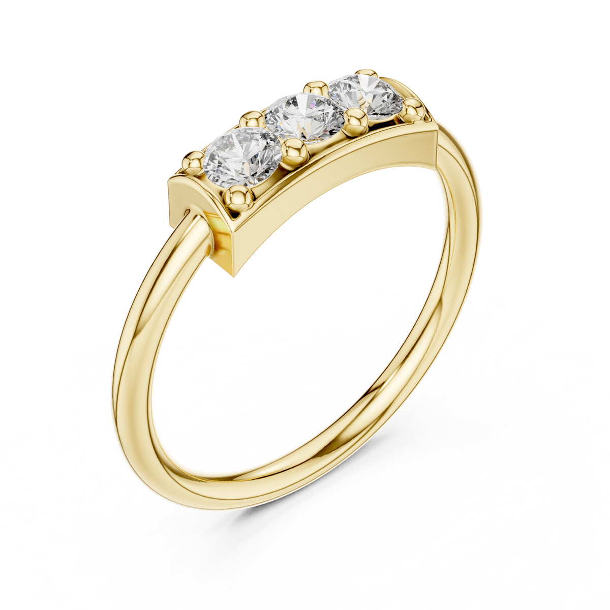 Angled shot capturing brilliant D color VVS1 clarity round moissanite sparkle and triple-stone symmetry in lustrous 925 sterling silver. Perfect handmade proposal ring. Available in 10k/14k gold, 925 silver, platinum, moissanite, and lab grown diamond.