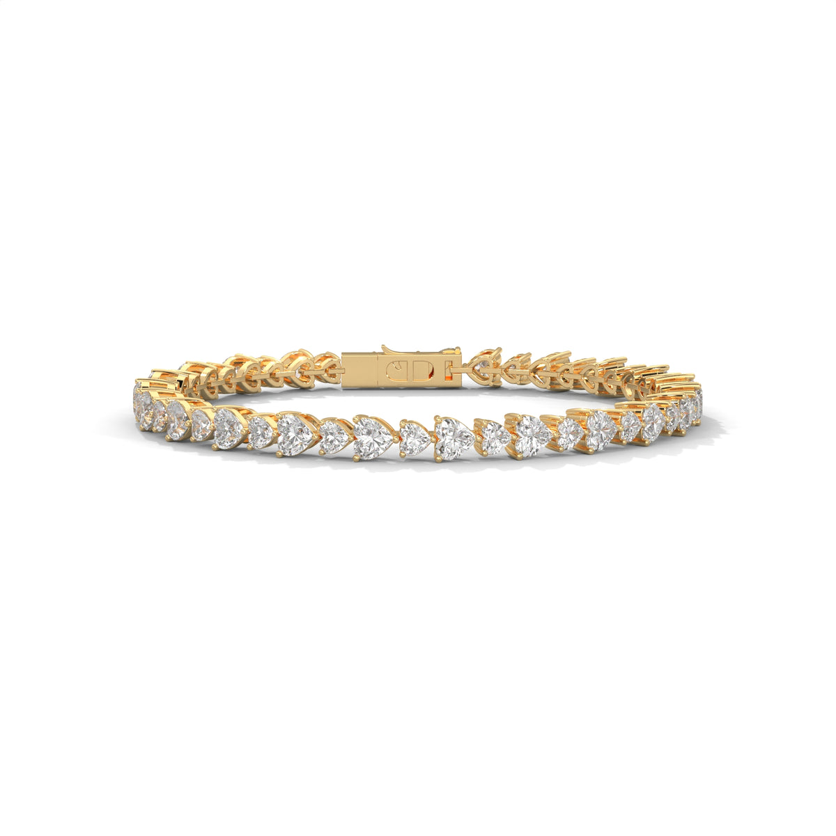 Heart cut moissanite tennis bracelet set in 14k solid gold displaying alternating stone sizes in 3-prong basket links. Precision layout delivers seamless bridal jewelry sparkle for an anniversary gift. Available custom in 10k/14k gold, 925 silver, platinum, stone sizes 1ct to 10ct tcw, and stone variation moissanite or lab grown diamond.