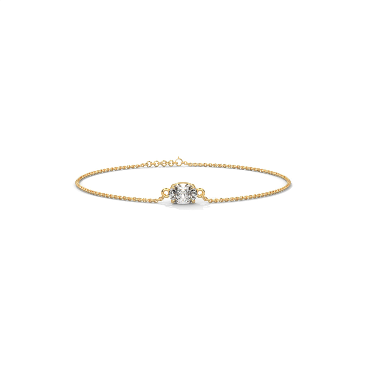 East-west oval moissanite chain bracelet in 14k solid gold showcasing 1ct stone in 4-prong low wire basket mount with dual side loops. Clean layout delivers radiant bridal jewelry sparkle for an anniversary gift. Available custom in 10k/14k gold, 925 silver, platinum, stone sizes 1ct to 10ct tcw, and stone variation moissanite or lab grown diamond.