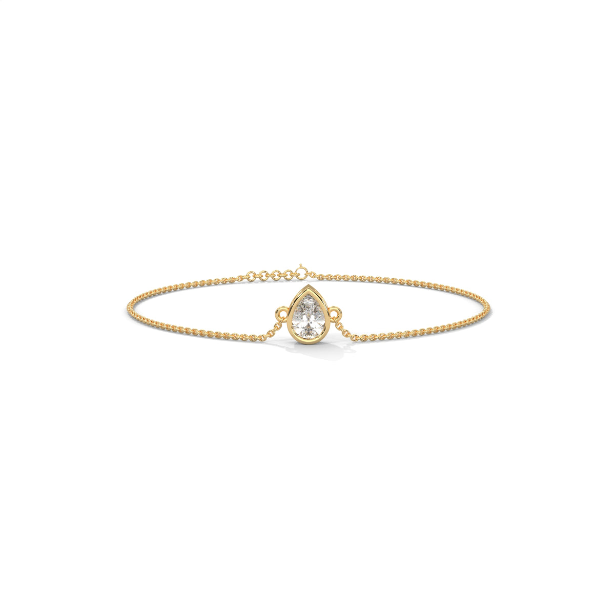 Pear cut moissanite chain bracelet in 14k solid gold showcasing 0.75ct teardrop stone in smooth bezel cup mount with side loops. Clean layout delivers radiant bridal jewelry sparkle for an anniversary gift. Available custom in 10k/14k gold, 925 silver, platinum, stone sizes 1ct to 10ct tcw, and stone variation moissanite or lab grown diamond.