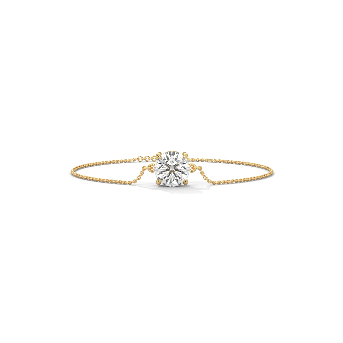 Round solitaire moissanite chain bracelet in 14k solid gold showcasing 3ct brilliant stone in 4-prong wire basket mount with dual side loops. Clean layout delivers radiant bridal jewelry sparkle for an anniversary gift. Available custom in 10k/14k gold, 925 silver, platinum, stone sizes 1ct to 10ct tcw, and stone variation moissanite or lab grown diamond.