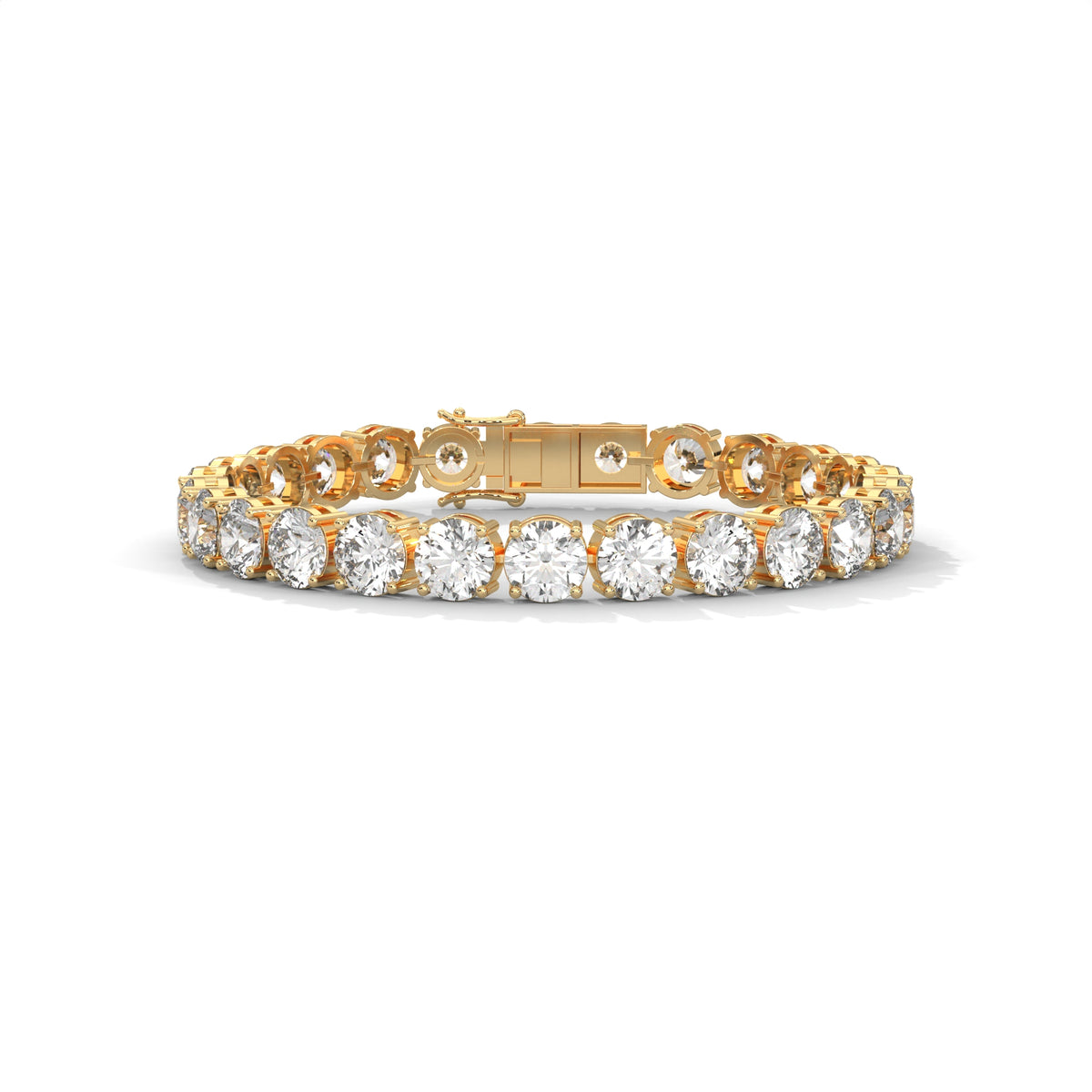 Round brilliant cut moissanite tennis bracelet set in 14k solid gold displaying 26 carat tcw across four prong basket mounts. Articulated link alignment delivers radiant bridal jewelry sparkle for an anniversary gift. Available custom in 10k/14k gold, 925 silver, platinum, stone sizes 1ct to 10ct tcw, and stone variation moissanite or lab grown diamond.