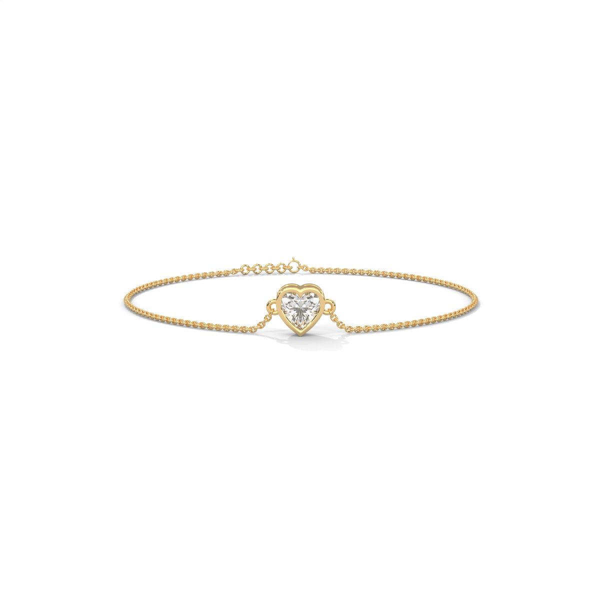 Heart cut moissanite chain bracelet in 14k solid gold showcasing 0.75ct heart stone in smooth bezel cup mount with side loops. Clean layout delivers radiant bridal jewelry sparkle for an anniversary gift. Available custom in 10k/14k gold, 925 silver, platinum, stone sizes 1ct to 10ct tcw, and stone variation moissanite or lab grown diamond.