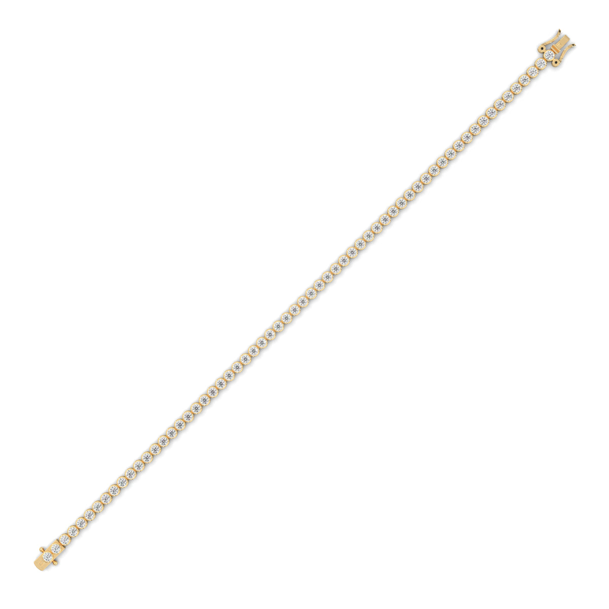 Side profile highlighting 4.90mm basket height, articulated hinges, and solid 6.60mm link thickness in 10k solid gold. Smooth low profile mount ensures comfort for wedding bracelet stacking. Available custom in 10k/14k gold, 925 silver, platinum, stone sizes 1ct to 10ct tcw, and stone variation moissanite or lab grown diamond.