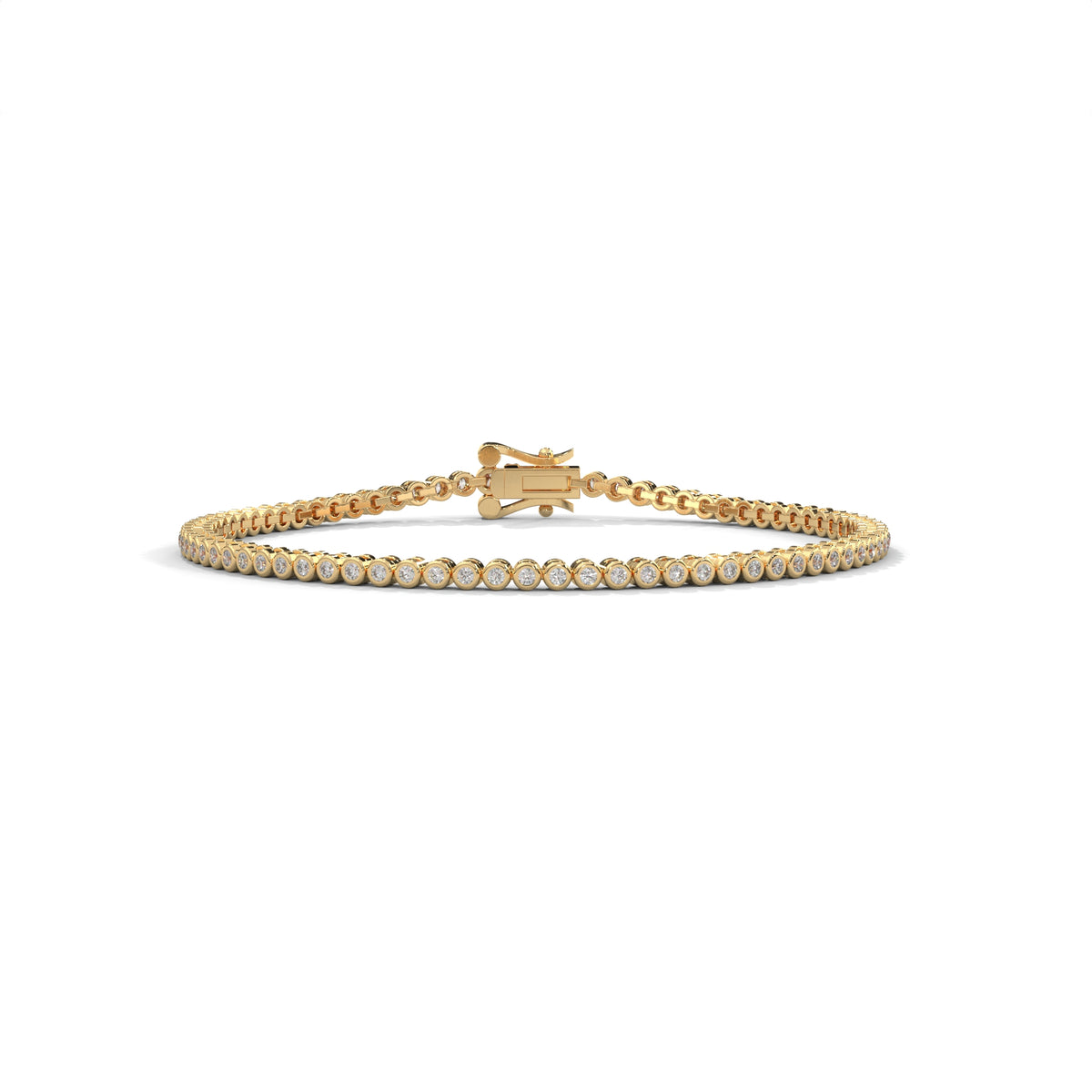 Round brilliant cut moissanite tennis bracelet set in 14k solid gold displaying 80 stones in smooth bezel cup mounts. Articulated link alignment delivers radiant bridal jewelry sparkle for an anniversary gift. Available custom in 10k/14k gold, 925 silver, platinum, stone sizes 1ct to 10ct tcw, and stone variation moissanite or lab grown diamond.