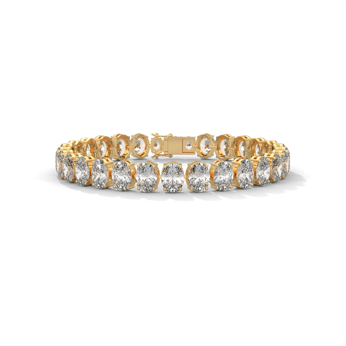 Oval brilliant cut moissanite tennis bracelet set in 14k solid gold displaying 29 carat tcw across four prong basket mounts. Articulated link alignment delivers radiant bridal jewelry sparkle for an anniversary gift. Available custom in 10k/14k gold, 925 silver, platinum, stone sizes 1ct to 10ct tcw, and stone variation moissanite or lab grown diamond.