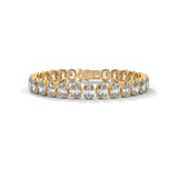 Oval brilliant cut moissanite tennis bracelet set in 14k solid gold displaying 29 carat tcw across four prong basket mounts. Articulated link alignment delivers radiant bridal jewelry sparkle for an anniversary gift. Available custom in 10k/14k gold, 925 silver, platinum, stone sizes 1ct to 10ct tcw, and stone variation moissanite or lab grown diamond.
