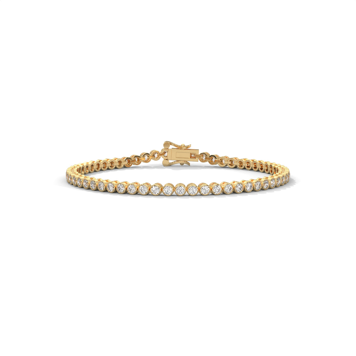 Round brilliant cut moissanite tennis bracelet set in 14k solid gold displaying 80 stones in smooth bezel cup mounts. Articulated link alignment delivers radiant bridal jewelry sparkle for an anniversary gift. Available custom in 10k/14k gold, 925 silver, platinum, stone sizes 1ct to 10ct tcw, and stone variation moissanite or lab grown diamond.