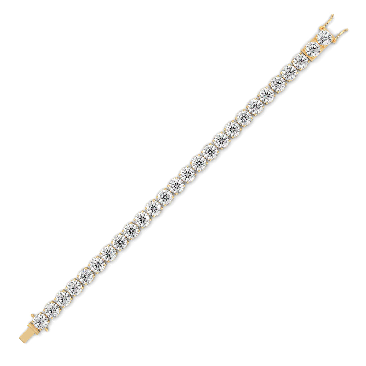 Side profile highlighting 4.90mm basket height, articulated hinges, and solid 6.60mm link thickness in 10k solid gold. Heavy low profile mount ensures comfort for wedding bracelet stacking. Available custom in 10k/14k gold, 925 silver, platinum, stone sizes 1ct to 10ct tcw, and stone variation moissanite or lab grown diamond.